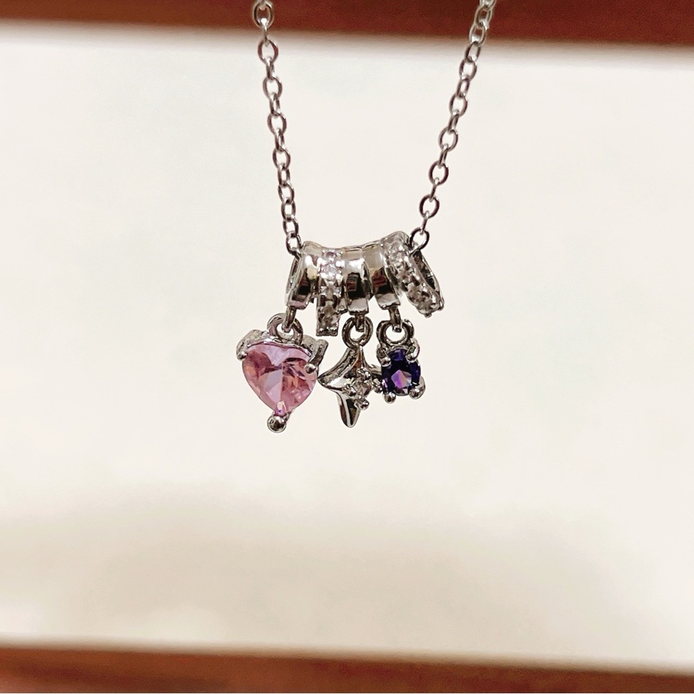 ✨ cute dangle with little pink heart tones/ star/ purple stones necklace - Picture 1 of 12